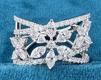 Marquise Lab Grown Diamond Flower Lattice Band | IGI Certified Wide Floral Cluster Ring | 14K White Gold Statement Cocktail Ring