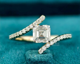 Asscher Cut Lab Grown Diamond Solitaire Bypass Ring Unique 14k Solid Gold Crossover Pave Set Engagement Ring Unique Bridal Ring