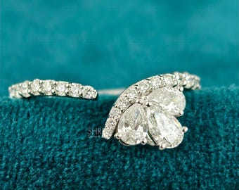 Triple Pear Lab Diamond Cluster Ring IGI Certified Open Bypass Pave Band 14K White Gold Unique Engagement Ring For Her