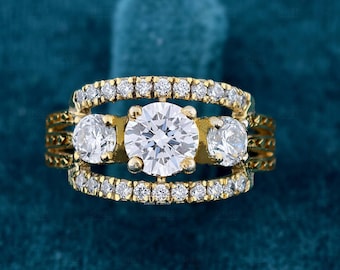 14K Gold Three Stone Lab Grown Diamond Engagement Ring, IGI Certified