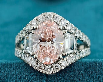 3ct Fancy Pink Oval Lab Grown Diamond Engagement Ring 14K Gold Split Shank Side Trapezoid Three Stone Ring Unique Solitaire Ring