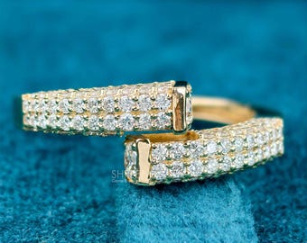 Lab Diamond Wrap Around Ring IGI Certified Double Row Pave Bypass Open Cuff Band 14K Yellow Gold Statement Wedding Band For Her