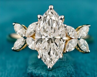 1.50 Ct Lab Grown Diamond Marquise Cluster Engagement Ring 14K Solid Gold Vintage Style Petal Side Stone Nature Inspired Floral Bridal Ring