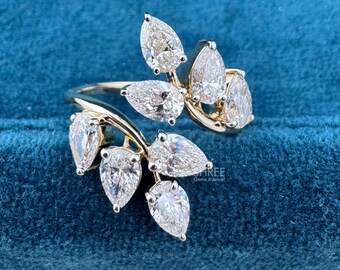 Pear Cut Lab Grown Diamond Cluster Set Bypass Ring 14K Solid Gold Nature Inspired Ring IGI Certified Pear Diamond  Open Cuff Ring