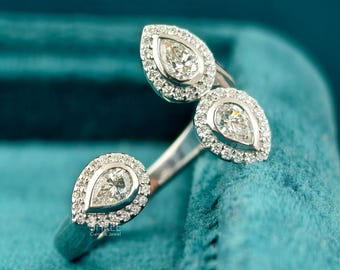 Pear Halo Open Cuff Ring IGI Certified Lab Grown Diamond Triple Halo Ring 14K White Gold Toi Et Moi Style Ring For Anniversary Gift