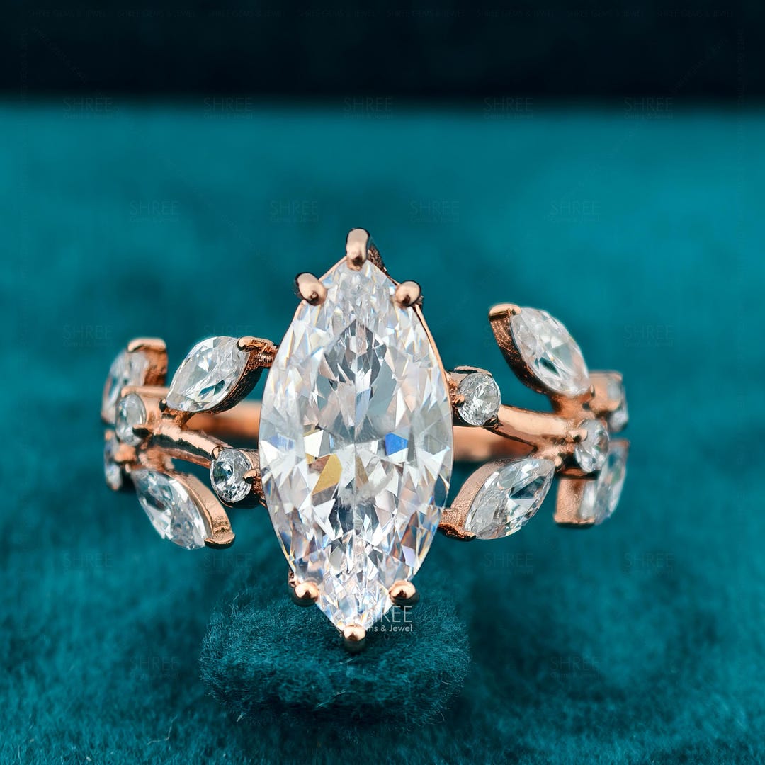 Vintage Style Marquise Cut Lab Grown Diamond Ring 14K Solid Gold Nature ...