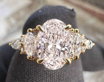 14K Yellow Gold Oval Lab Grown Diamond Engagement Ring Vintage Style Side Marquise Diamond Solitaire Ring Maeve Ring