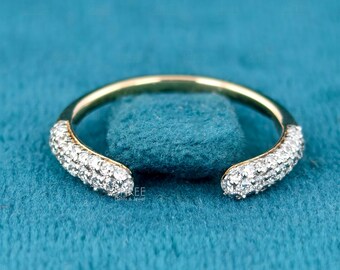 14K Yellow Gold Lab Grown Diamond Open Wedding Ring Unique Pave Set Wedding Band Unique Bridal Stacking Matching Band Anniversary Gift