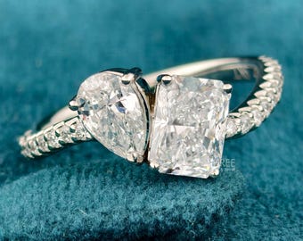 1.50 TCW Radiant and Pear Lab Grown Diamond Toi et Moi Ring, 14K Solid Gold Pave Set Solitaire Ring, Two Stone Promise Rings For Women