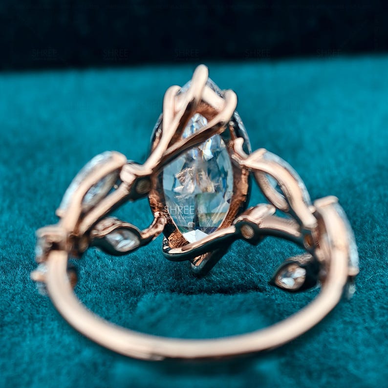 Vintage Style Marquise Cut Lab Grown Diamond Ring 14K Solid Gold Nature ...