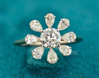 1.00 Ct Round Cut Lab Diamond Flower Cluster Ring IGI Certified Sunburst Pear Petal Ring 14K Yellow Gold Statement Engagement Ring For Her