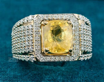 1.80CT Citrine Cushion Cut Men's Engagement Ring | 14K Solid Gold Wide Band Halo Statement Ring | Unique Anniversary Gift For Him