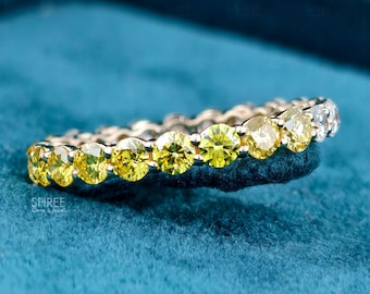 14K Solid Gold Yellow And  White Diamond Eternity Band IGI Certified Ombre Round Cut Stacking Band Bubble Prong Minimalist Band For Her