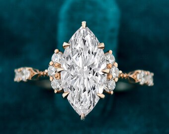 Marquise Engagement Ring 3ct Lab Grown Diamond Ring Nature Inspired Bridal Filigree Gold Ring 14K Solitaire Ring