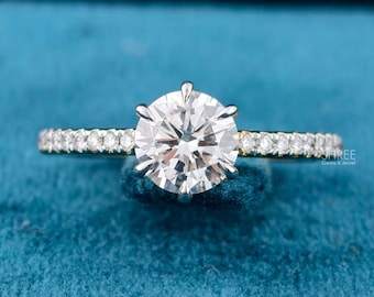 1CT Round Lab Diamond Six Prong Ring IGI Certified 14K Yellow Gold Pave Band Engagement Ring Tiffany Style Bridal Gift For Her