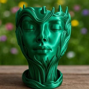 Può includere: Una scultura decorativa verde a forma di testa con occhi chiusi e dettagli a forma di foglie. La scultura è su una superficie di legno, con uno sfondo sfocato di fiori.