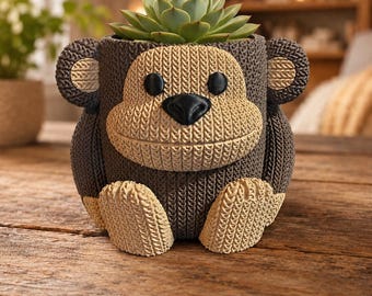 Pflanztopf Affe 3D Druck, süßer Monkey Planter, Übertopf für Sukkulenten, Tier Deko, Geschenk für Pflanzenfans