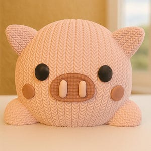 May include: A light pink pig-shaped decorative item with a textured, knitted appearance. It features black button eyes, brown cheek accents, and a brown snout with two oval nostrils. The pig has small ears and is resting on a white surface.