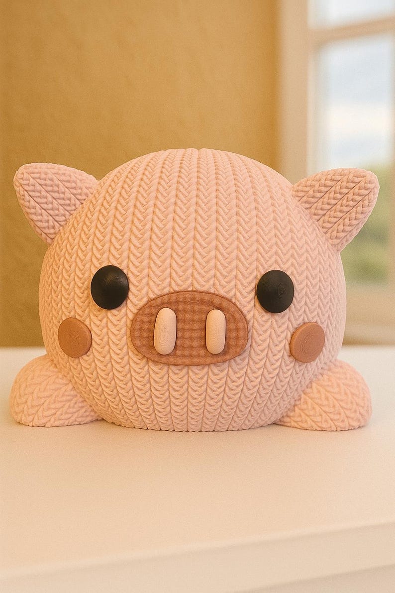 May include: A light pink pig-shaped decorative item with a textured, knitted appearance. It features black button eyes, brown cheek accents, and a brown snout with two oval nostrils. The pig has small ears and is resting on a white surface.
