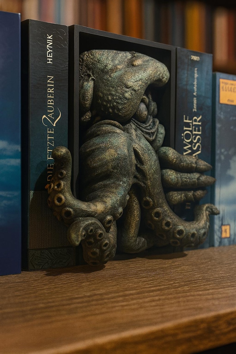 May include: A bronze-colored octopus bookend sculpture. The tentacles wrap around the books, with the body of the octopus emerging from the center. The bookend is placed between two books on a wooden shelf. The books have titles in German.