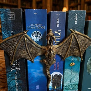 Könnte beinhalten: Ein bronzefarbener Drachen-Buchstütze mit ausgebreiteten Flügeln steht vor einer Reihe von Büchern. Die Bücher haben blaue und türkisfarbene Einbände mit verschiedenen Titeln und Autoren. Der Drache ist detailliert mit strukturierten Schuppen und Flügelmustern.