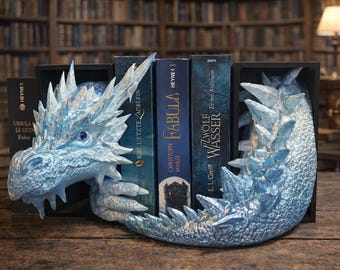 May include: A light blue dragon bookend set. The dragon head and tail are positioned on either side of the books. The bookends are made of a textured material and are holding several books. The books have titles in German and English.