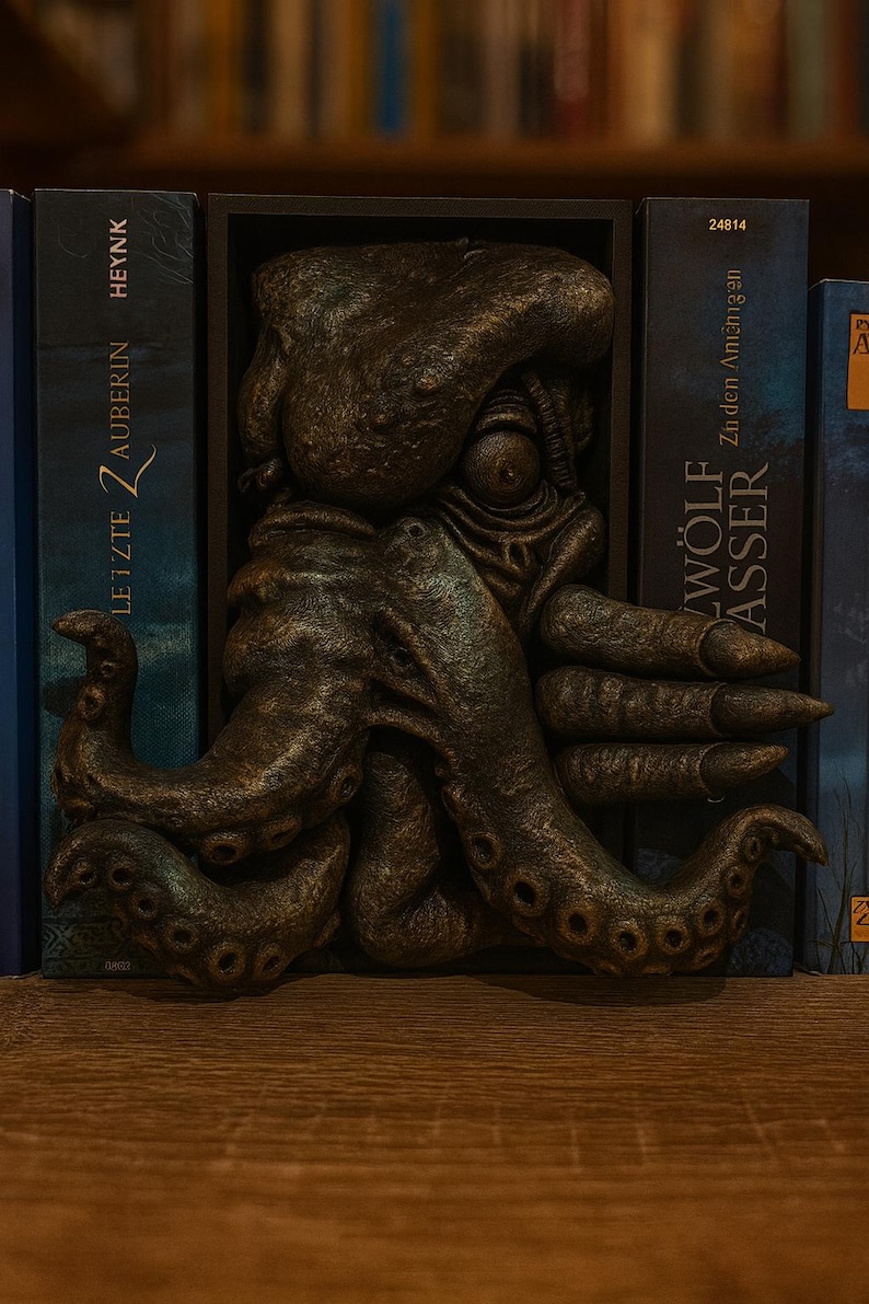May include: A bronze-colored octopus sculpture, mounted between two dark blue books. The sculpture has detailed tentacles and a textured surface. The books have text in German. The sculpture is on a wooden shelf.