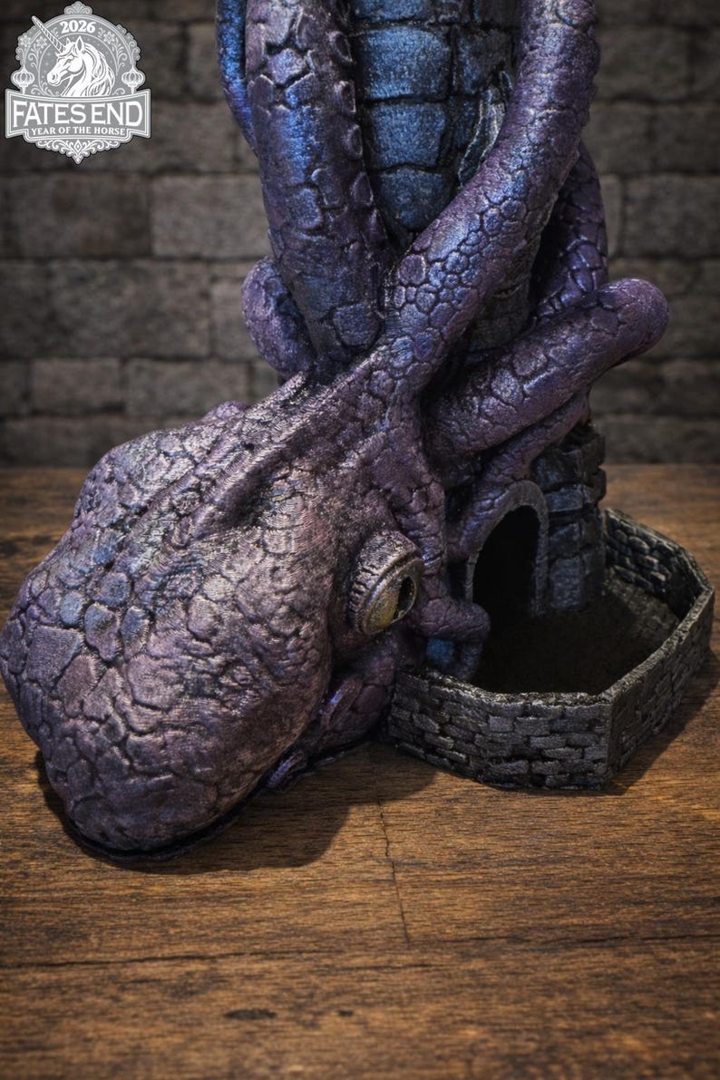 May include: A purple and blue textured octopus sculpture with a large eye, coiled tentacles wrapping around a stone-like tower structure, and a small hexagonal stone-walled base. The logo FATES END 2026 YEAR OF THE HORSE is visible in the corner.