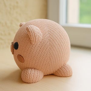May include: A peach-colored, round piggy bank with a knitted texture. The pig has small ears, button eyes, and a button nose. The piggy bank is sitting on a light-colored surface near a window.