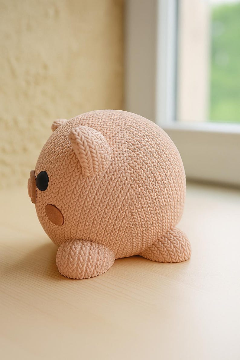 May include: A peach-colored, round piggy bank with a knitted texture. The pig has small ears, button eyes, and a button nose. The piggy bank is sitting on a light-colored surface near a window.