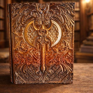 May include: An elaborately carved, gold-toned book with an axe motif at its centre. The cover displays the text "Fates End" and "Year of the Horse" with a unicorn emblem. The book rests on a wooden surface.