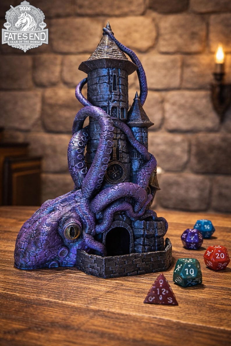 May include: A dark gray stone dice tower featuring a large purple octopus with a prominent yellow eye wrapped around the structure. The tower includes a base wall and is accompanied by several multi-sided gaming dice in red, blue, and green.