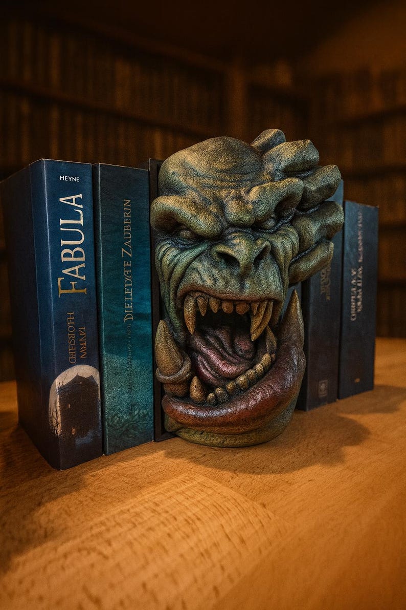 以下が含まれることがあります： 緑、茶色、赤の色合いで手描きされた、モンスターの頭のブックエンド。ブックエンドは、"FABULA"や"DIE LETZTE ZAUBERIN"などのタイトルが見えるいくつかの本の間にある。
