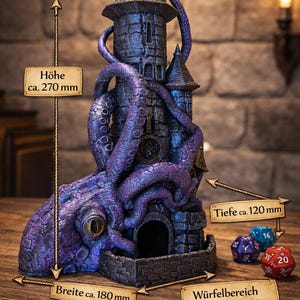 May include: A dark purple and black dice tower shaped like a stone castle wrapped in a large octopus tentacle. The tower features a single large eye and measures 270 mm in height, 180 mm in width, and 120 mm in depth, with a dice tray area of 85x40x20 mm.