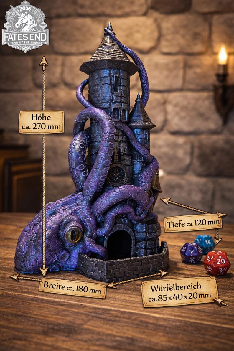 May include: A dark purple and black dice tower shaped like a stone castle wrapped in a large octopus tentacle. The tower features a single large eye and measures 270 mm in height, 180 mm in width, and 120 mm in depth, with a dice tray area of 85x40x20 mm.