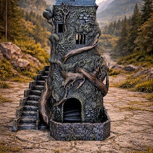 Könnte beinhalten: Ein detaillierter Miniatur-Fantasy-Turm aus Stein, bedeckt mit Weinreben und Wurzeln. Der Turm hat einen kleinen Bogeneingang, Fenster und eine Treppe. Der Hintergrund zeigt einen Wald und Berge.