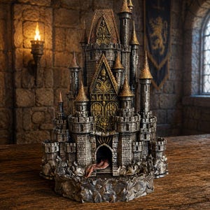 Könnte beinhalten: Ein detailliertes Miniatur-Burgmodell mit grauen Steinmauern, mehreren Türmen mit spitzen goldfarbenen Dächern und einem zentralen Bogeneingang. Das Bauwerk weist aufwendige Reliefschnitzereien an der Fassade auf und steht auf einem strukturierten Sockel.