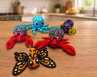 5er Set Kühlschrankmagnete Tiere 3D Druck, bunte Magnet Figuren, Krabbe Oktopus Spinne Schmetterling