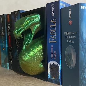 Könnte beinhalten: Ein grüner, 3D-gedruckter Schlangen-Buchstütze mit offenem Maul, platziert zwischen einer Reihe von Büchern. Die Buchstütze befindet sich in einem schwarzen Rahmen. Die Bücher haben blaue und schwarze Einbände mit weißem Text.