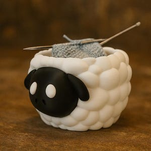 Può includere: Un contenitore bianco a forma di pecora con faccia e orecchie nere, contenente ferri da maglia e un piccolo pezzo di tessuto a maglia grigio. Il contenitore ha un aspetto strutturato e soffice e poggia su una superficie di legno.