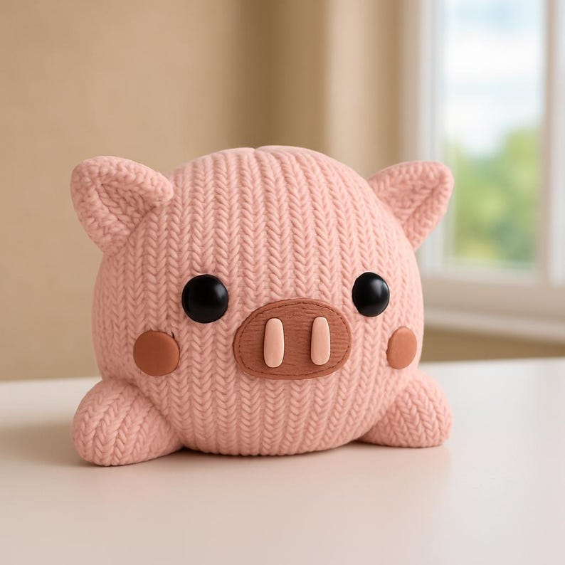 May include: A pink knitted pig-shaped decorative item with black eyes, a brown snout, and small ears. The pig has small, round brown cheeks and small feet. The item is sitting on a white surface.