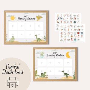 May include: Two framed chore charts with a dinosaur theme. One chart reads "My Morning Routine" and the other reads "My Evening Routine." The charts have a light wood frame and feature illustrations of dinosaurs, a sun, and a moon.