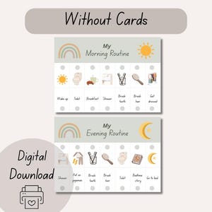 Könnte beinhalten: Ein digitaler Download mit zwei illustrierten Routine-Diagrammen. Das Diagramm "Meine Morgenroutine" enthält Symbole für Aufwachen, Toilettengang, Frühstück, Duschen, Zähneputzen und Haare kämmen sowie Anziehen. Das Diagramm "Meine Abendroutine" enthält Symbole für Duschen, Anziehen des Pyjamas, Zähneputzen und Haare kämmen, Toilettengang, Vorlesen und Schlafengehen.