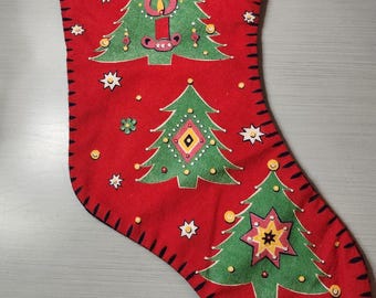 Vintage Flannel Christmas Stocking with Trees and Merry Christmas
