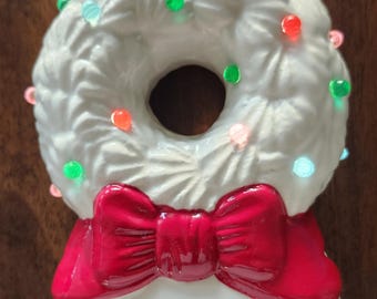 Battery Operated Lighted Ceramic White Christmas Wreath on Stand