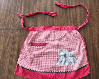 Vintage Small Red and White Cat Apron with Pocket