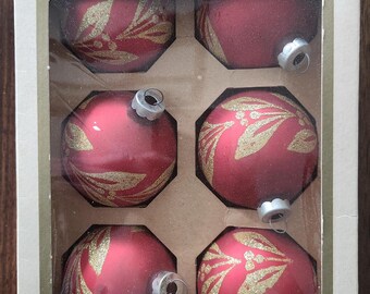 Six (6) Vintage Franke Glass Christmas Ornaments - Red and Gold