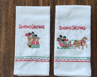 Two (2) Hand Embroidered "Seasons Greetings" Christmas Hand Towels