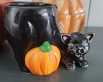 Vintage Halloween Black Cat and Pumpkin Ceramic Planter