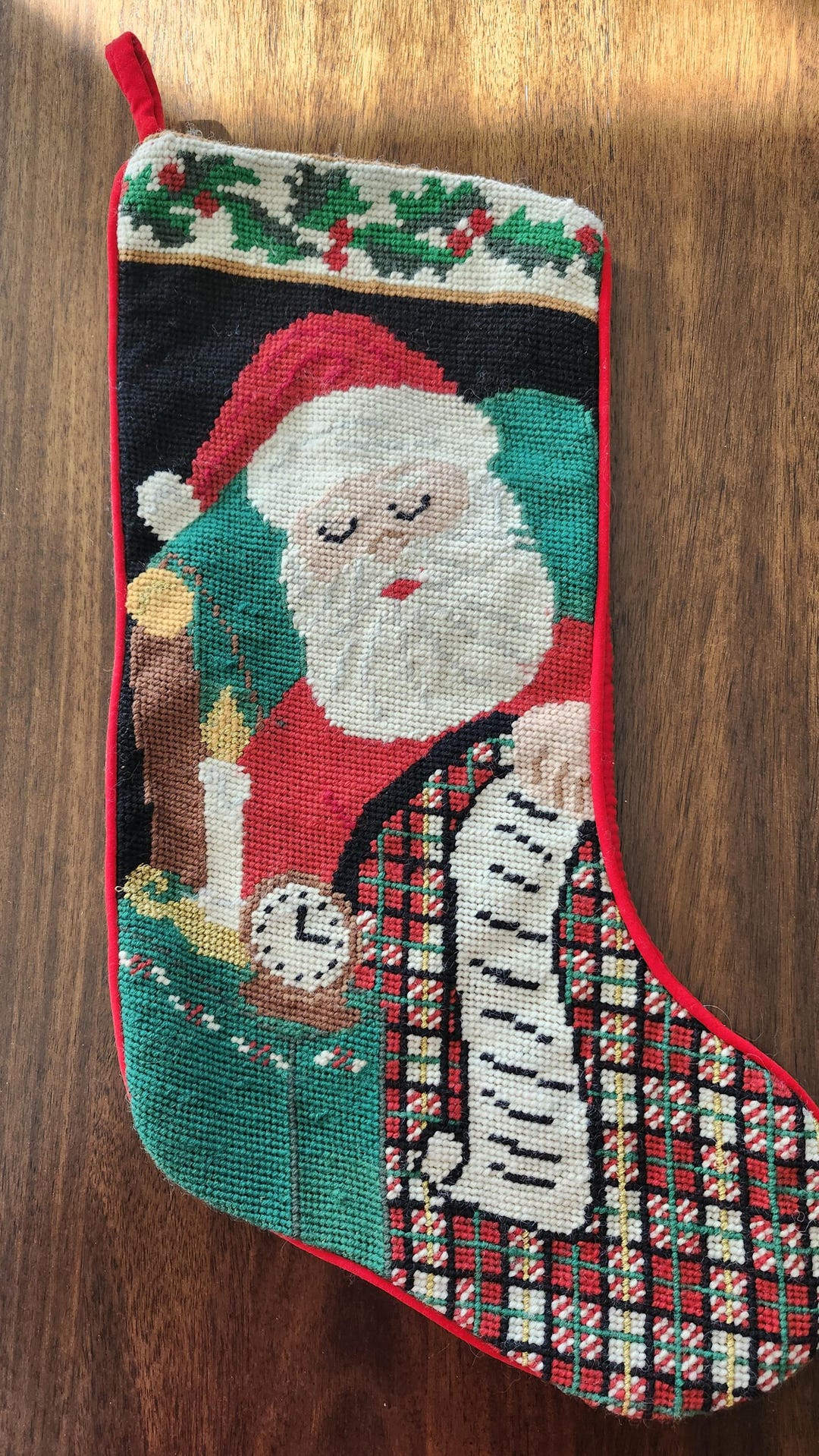 Vintage Needlepoint Christmas Stocking - Santa Checking His List - Etsy